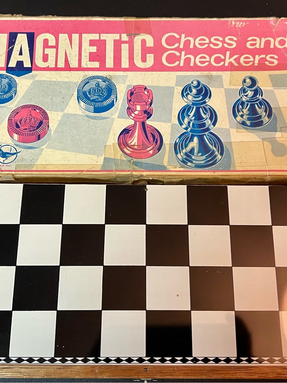 Vintage 1960’s Cardinal Magnetic Chess Checkers Game Black White Board Box